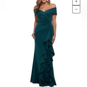 XSCAPE - Long Scuba Off-the-Shoulder Ruffle Dress